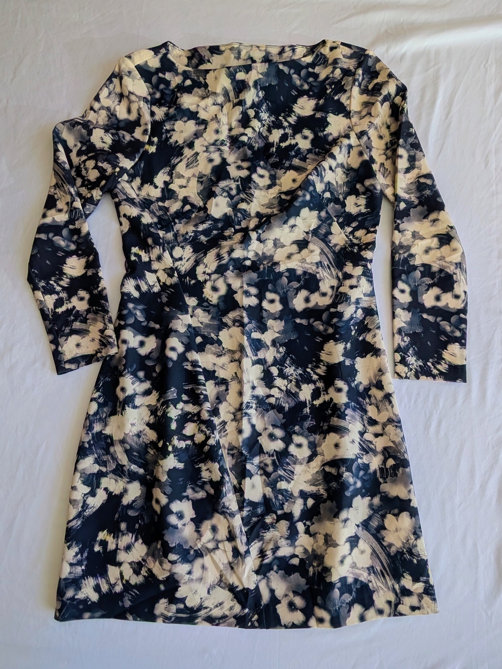 Zara Navy and Cream Floral Long-Sleeve A-Line Dress